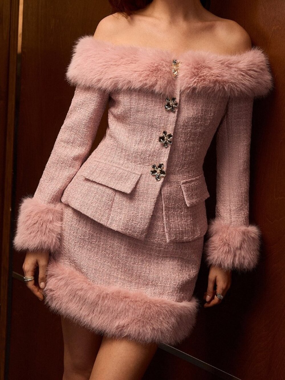 Pink Elegant Women's Faux Fur Off The Shoulder Jacket And Skirt Set - Picture 6 of 7